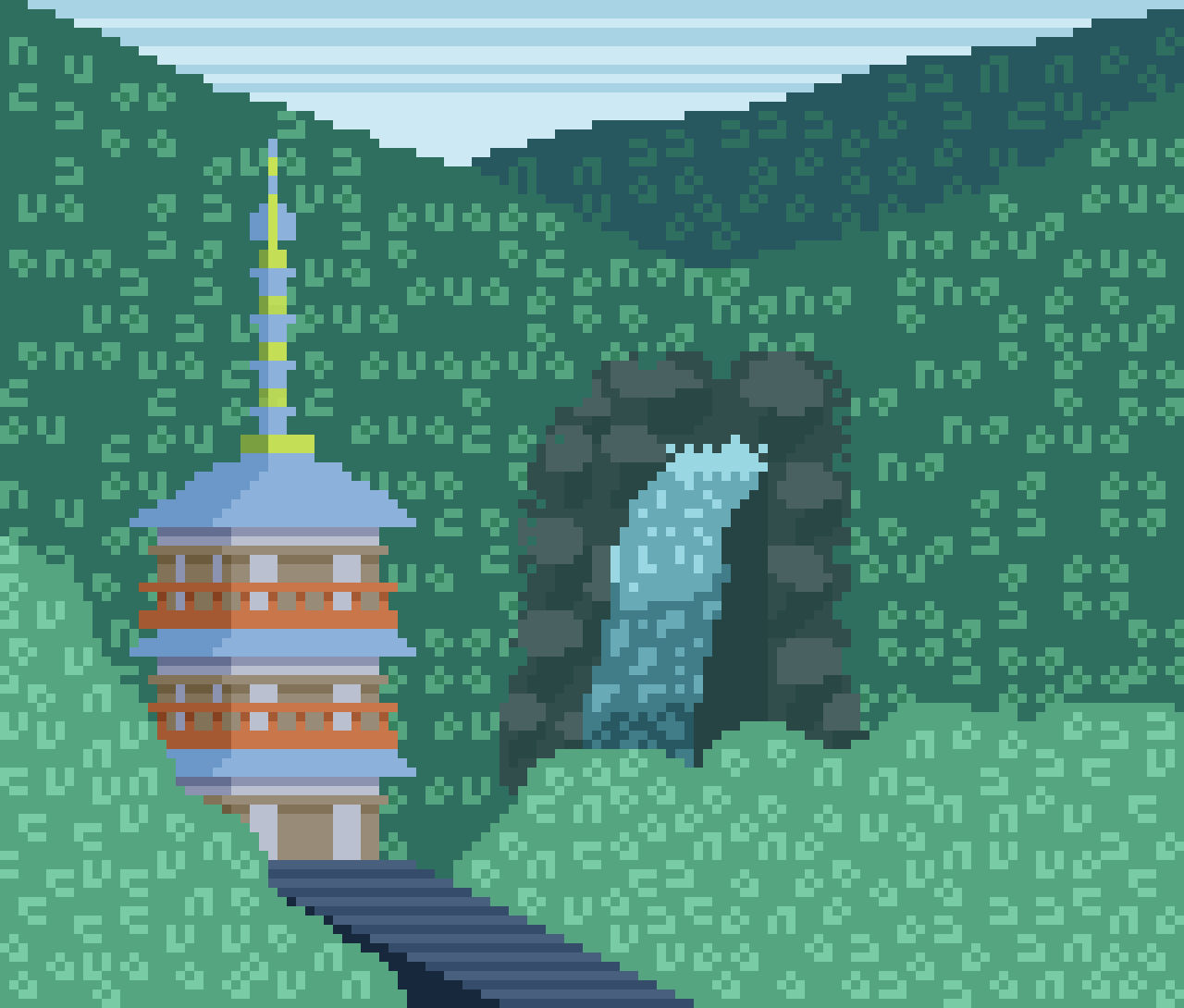(Aseprite)-06:11:23 Japanese Shrine+Mountain+Waterfall